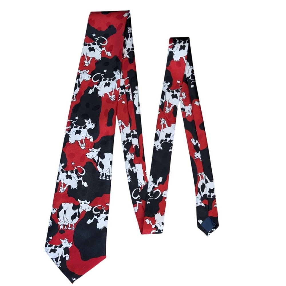 90s Vintage Renaissance handmade red Black Cow pattern Print Novelty‎ Neck Tie
